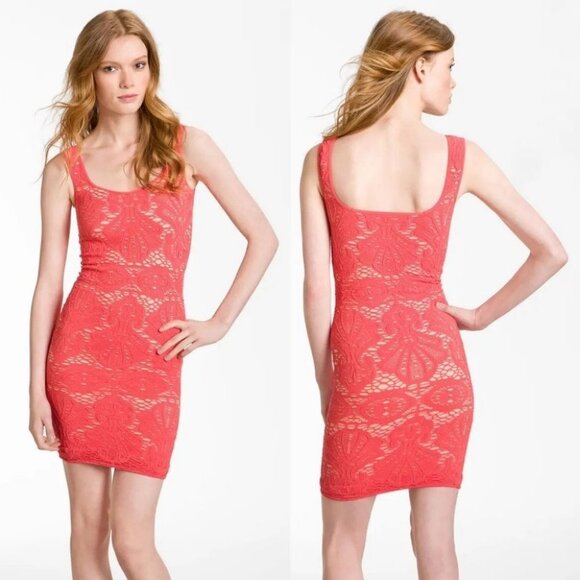Free People‎ Stretch Lace Pink Tank Dress Bodycon Size Medium / Large Coral Boho - Picture 1 of 8